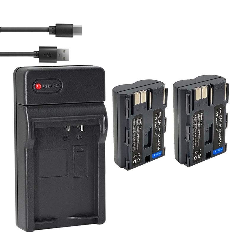 BP-511 BP-511a Battery 2-Pack 2000mAh and USB Charger for Canon EOS 5D 10D 20D 20Da 30D 40D 50D 300D D30 D60 and More Camera