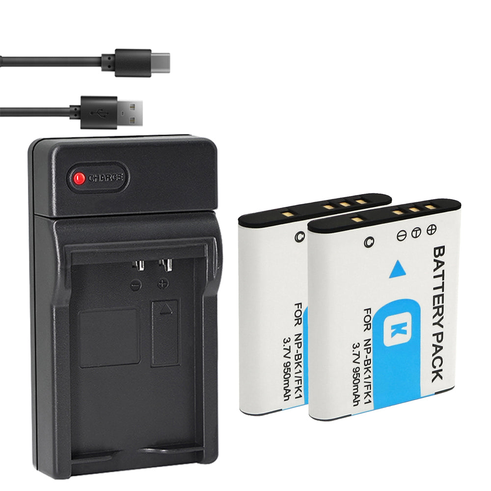 Battery (X2) & Slim USB Charger for Sony NP-BK1, NPBK1 and Cybershot DSC-W180, DSC-W190, DSC-W370, DSC-S750, DSC-S780, DSC-S950, DSC-S980, Webbie MHS-CM1 HD, MHS-PM1, MHS-PM5, Bloggie MHS-CM5