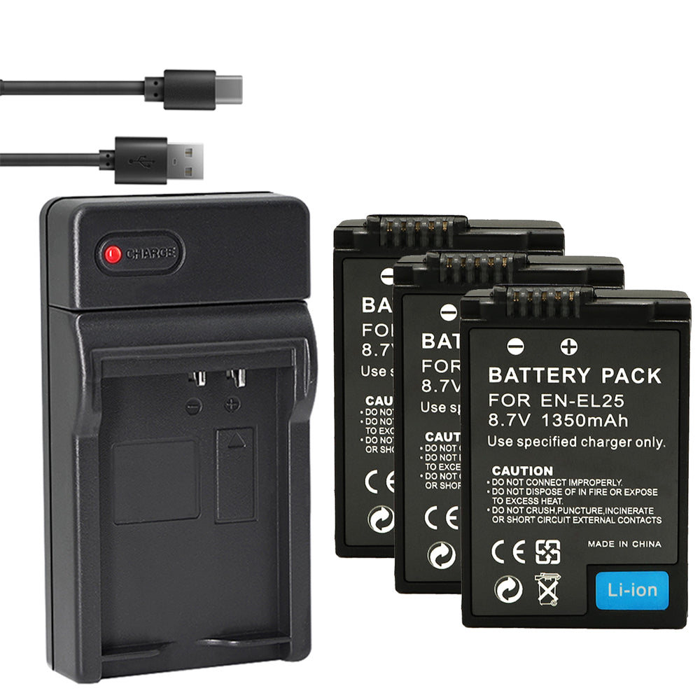 EN-EL25 Replacement Battery and USB Charger Set, 2 Pack 1350mah Batteries and Channel Type C USB Charger, Compatible with Nikon Z30 Z50 ZFC Camera 4241 EN-EL25 Battery MH-32 Charger
