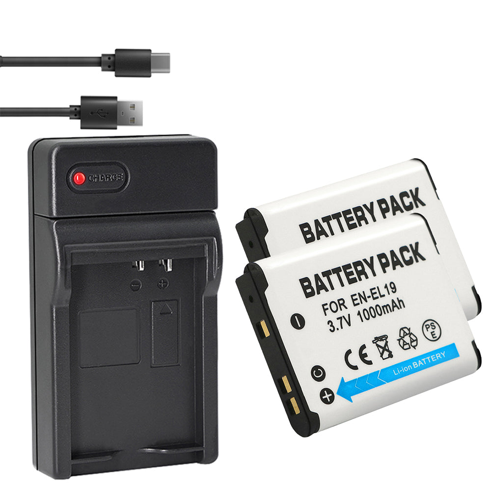 Battery + USB Charger for Nik EN-EL19 Coolpix A100 S100 S2750 S2800 S3300 S3400 S3500 S3600 S4200 S4300 S4400 S5200 S5300 S6400 S6500 S6600 S6700 S6800 S6900 S7000, Son NP-BJ1 DSC-RX0