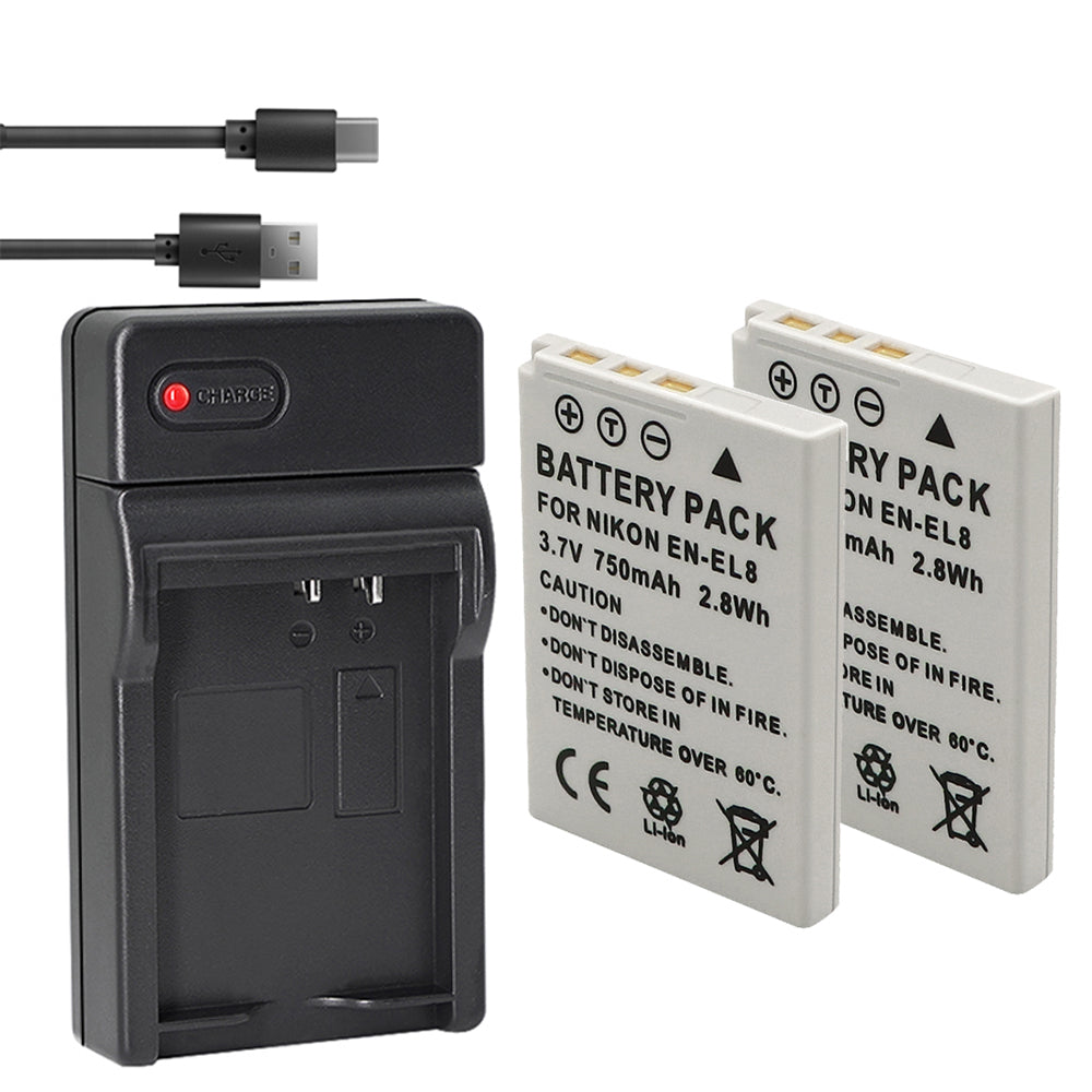Battery X2 & Slim USB Charger for Nik EN-EL8 Coolpix P1 P2 Coolpix S1 S2 S3 S5 S6 Coolpix S7 S7c Coolpix S8 Coolpix S9 Coolpix S50 Coolpix S51 S51c Coolpix S52 S52c Cool-Station MV-11 MV-121