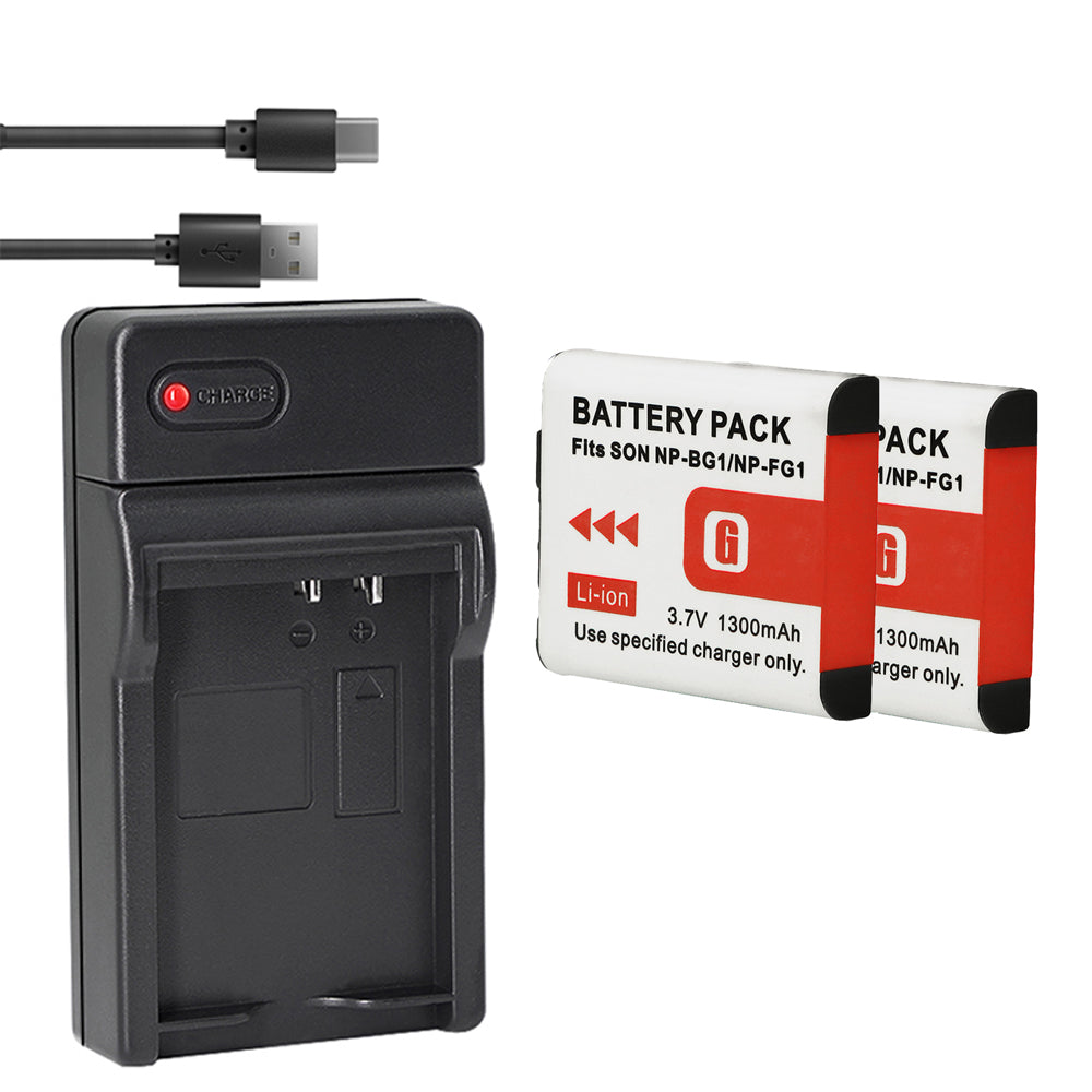 Battery X2 + Slim USB Charger for Sony NP-BG1 NP-FG1 Battery Sony Cybershot DSC-HX5V, DSC-HX9V, DSC-W30, DSC-W35, DSC-W50, DSC-W55, DSC-W70, DSC-W80, DSC-W290, DSC-H10, H20, H50, H55, H70, H90