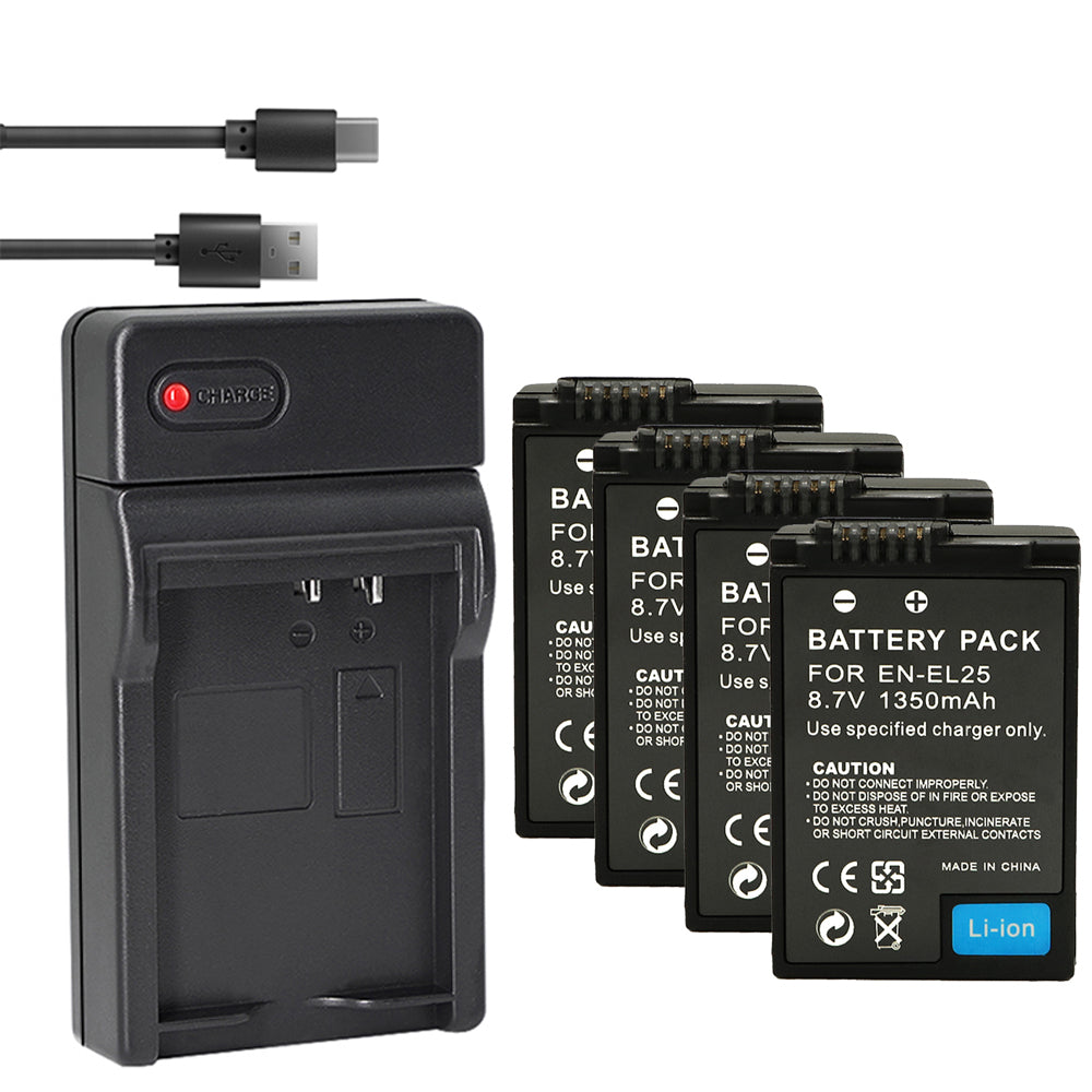 EN-EL25 Replacement Battery and USB Charger Set, 2 Pack 1350mah Batteries and Channel Type C USB Charger, Compatible with Nikon Z30 Z50 ZFC Camera 4241 EN-EL25 Battery MH-32 Charger