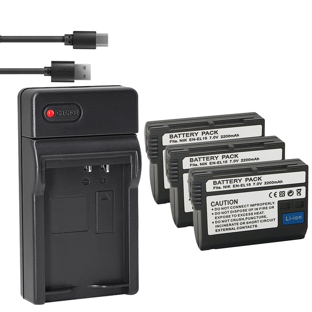 EN-EL15a EN-EL15b EN-EL15c Battery and USB Charger Compatible with Nikon D780, Z6, Z7, D850, D810, D810A, D800, D800E, D7500, D7200, D7100, D7000, D750, D810, D610, D600, 1v1 Cameras
