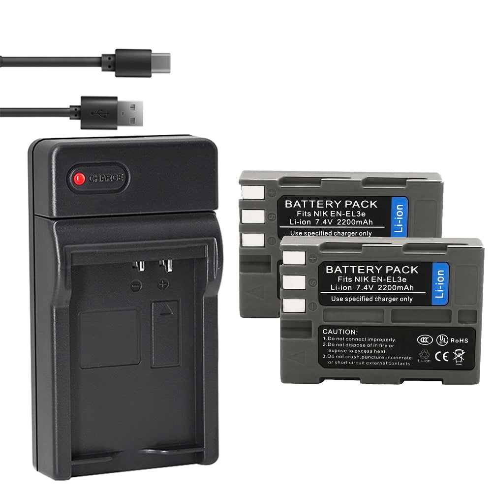 EN-EL3e Battery 2-Pack 2200mAh and USB Charger Compatible with Nikon D50, D70, D70s, D80, D90, D100, D200, D300, D300S, D700 Digital SLR Cameras