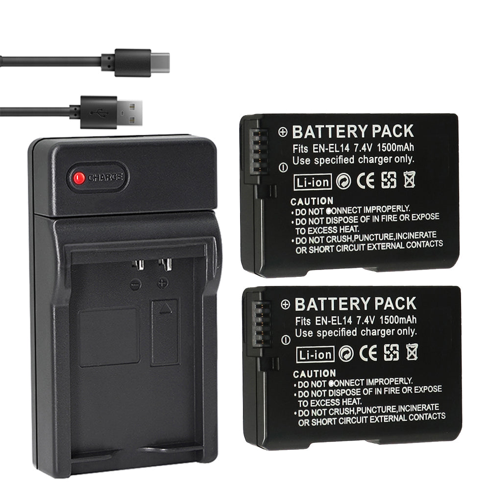 EN-EL14 / EN-EL14a Battery Packs and Rapid USB Charger for Nikon D3100 D3200 D3300 D3400 D3500 D5100 D5200 D5300 D5500 D5600 DF Coolpix P7000 P7100 P7700 P7800 Cameras