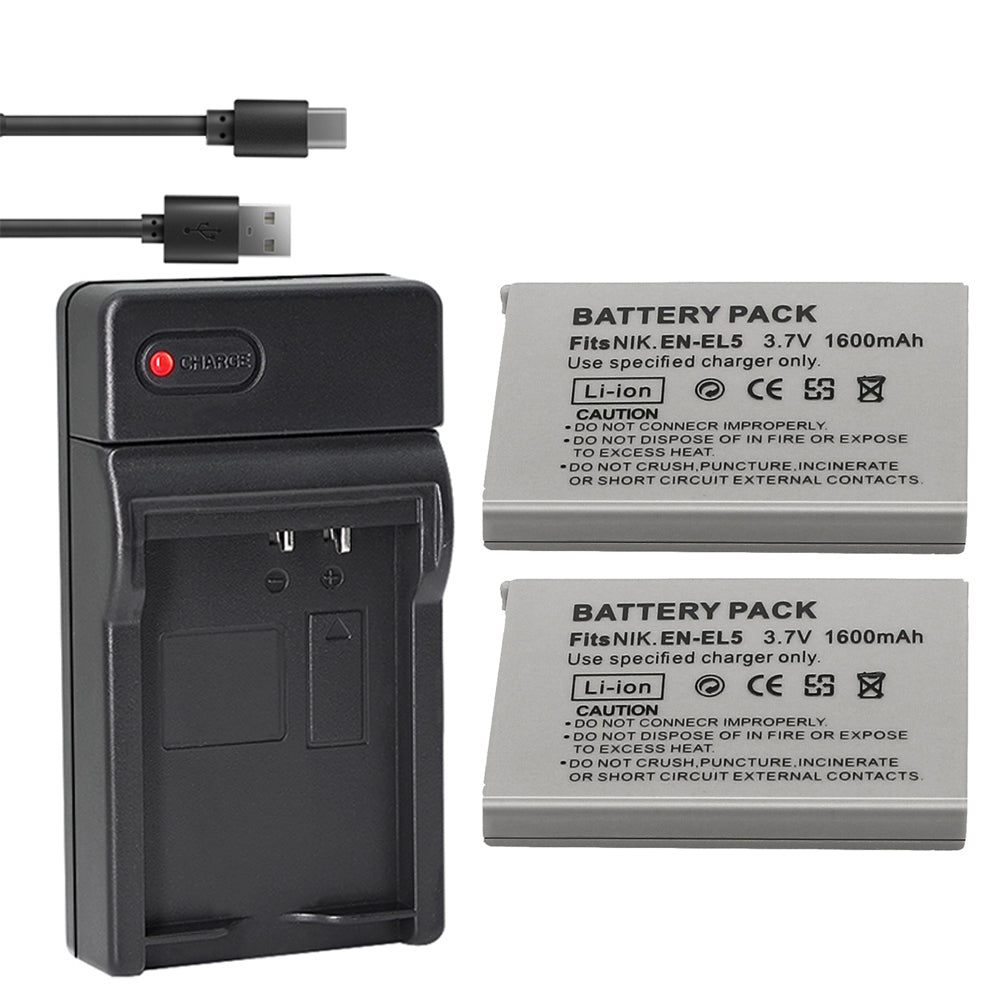 EN-EL5 Replacement Battery (2-Pack) and Charger Kit for Nikon EN-EL5 Coolpix P530, P520, P510, P100, P500, P5100, P5000, P6000, P90, P80 Cameras