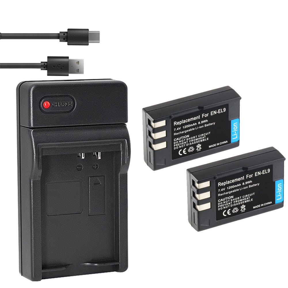 EN-EL9 EN EL9a Battery 2-Pack 2000mAh and USB Charger Compatible with Nikon D40, D40x, D60, D3000, D5000 Digital SLR Cameras