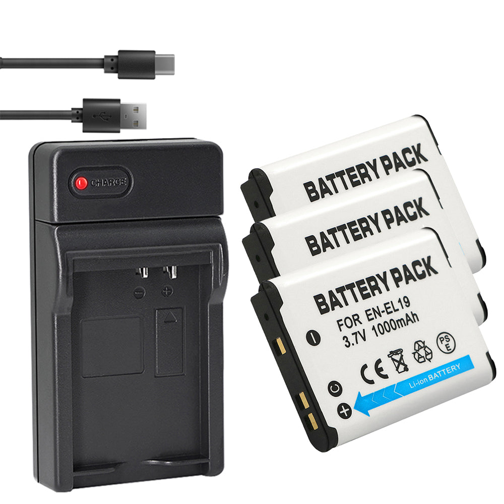 Battery + USB Charger for Nik EN-EL19 Coolpix A100 S100 S2750 S2800 S3300 S3400 S3500 S3600 S4200 S4300 S4400 S5200 S5300 S6400 S6500 S6600 S6700 S6800 S6900 S7000, Son NP-BJ1 DSC-RX0