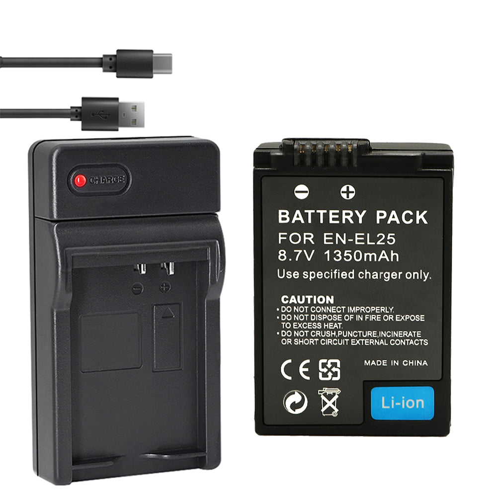 EN-EL25 Replacement Battery and USB Charger Set, 2 Pack 1350mah Batteries and Channel Type C USB Charger, Compatible with Nikon Z30 Z50 ZFC Camera 4241 EN-EL25 Battery MH-32 Charger