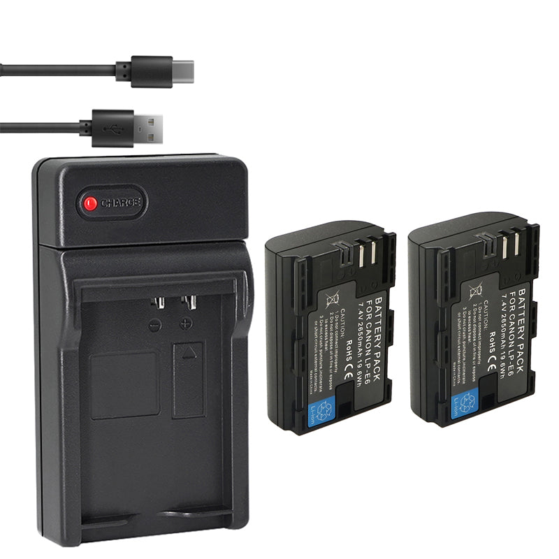 2-Pack of LP-E6N Batteries and Battery Charger for Canon EOS R, 90D, 60D, 70D, 80D, 5D II, III, IV, 6D, 7D, 7D Mark II, XC10, XC15 Cameras