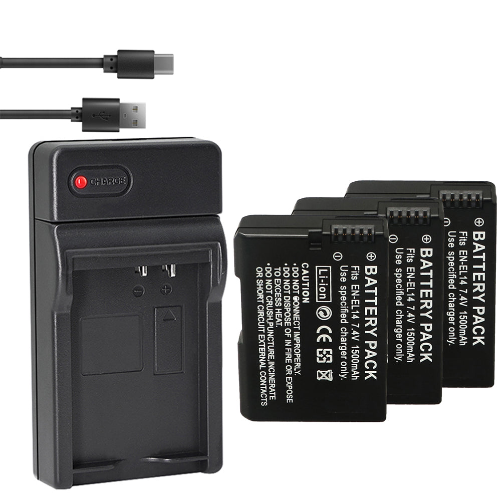 EN-EL14 / EN-EL14a Battery Packs and Rapid USB Charger for Nikon D3100 D3200 D3300 D3400 D3500 D5100 D5200 D5300 D5500 D5600 DF Coolpix P7000 P7100 P7700 P7800 Cameras
