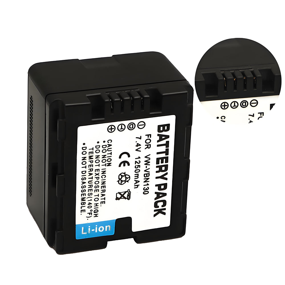 For Panasonic VW-VBN130 Battery Replacement HC-X910, HC-X920, HC-X920M, HDC-HS900, HDC-HS900GK, HDC-HS900GK-3D, HDC-HS900K, HDC-SD800, HDC-SD800GK 1250mAh Camera Batteries