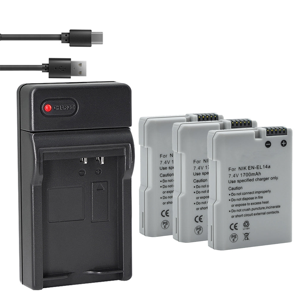 EN-EL14 / EN-EL14a Battery Packs and Rapid USB Charger for Nikon D3100 D3200 D3300 D3400 D3500 D5100 D5200 D5300 D5500 D5600 DF Coolpix P7000 P7100 P7700 P7800 Cameras