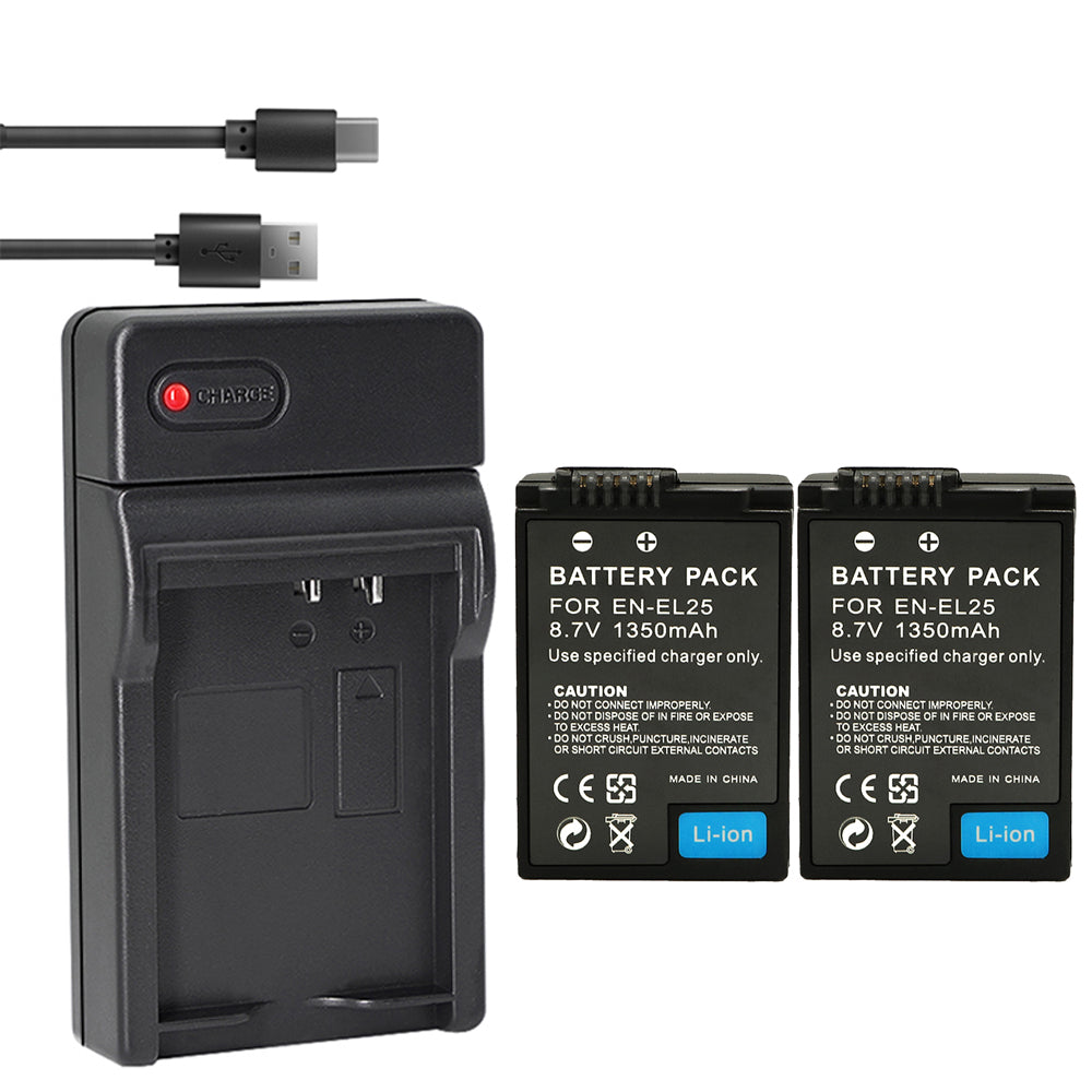 EN-EL25 Replacement Battery and USB Charger Set, 2 Pack 1350mah Batteries and Channel Type C USB Charger, Compatible with Nikon Z30 Z50 ZFC Camera 4241 EN-EL25 Battery MH-32 Charger