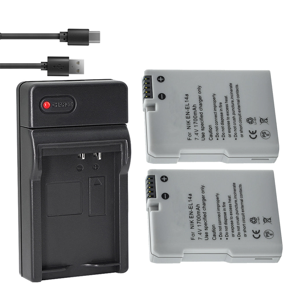 EN-EL14 / EN-EL14a Battery Packs and Rapid USB Charger for Nikon D3100 D3200 D3300 D3400 D3500 D5100 D5200 D5300 D5500 D5600 DF Coolpix P7000 P7100 P7700 P7800 Cameras