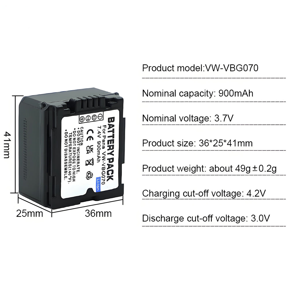 For Panasonic VW-VBG070 VW-VBG130 VWVBG260 Battery Replacement SDR-H40, SDR-H80 Series, HDC-HS700, TM700, HS300, TM300, HS250, SD20, HS20, 900mAh Camera Batteries