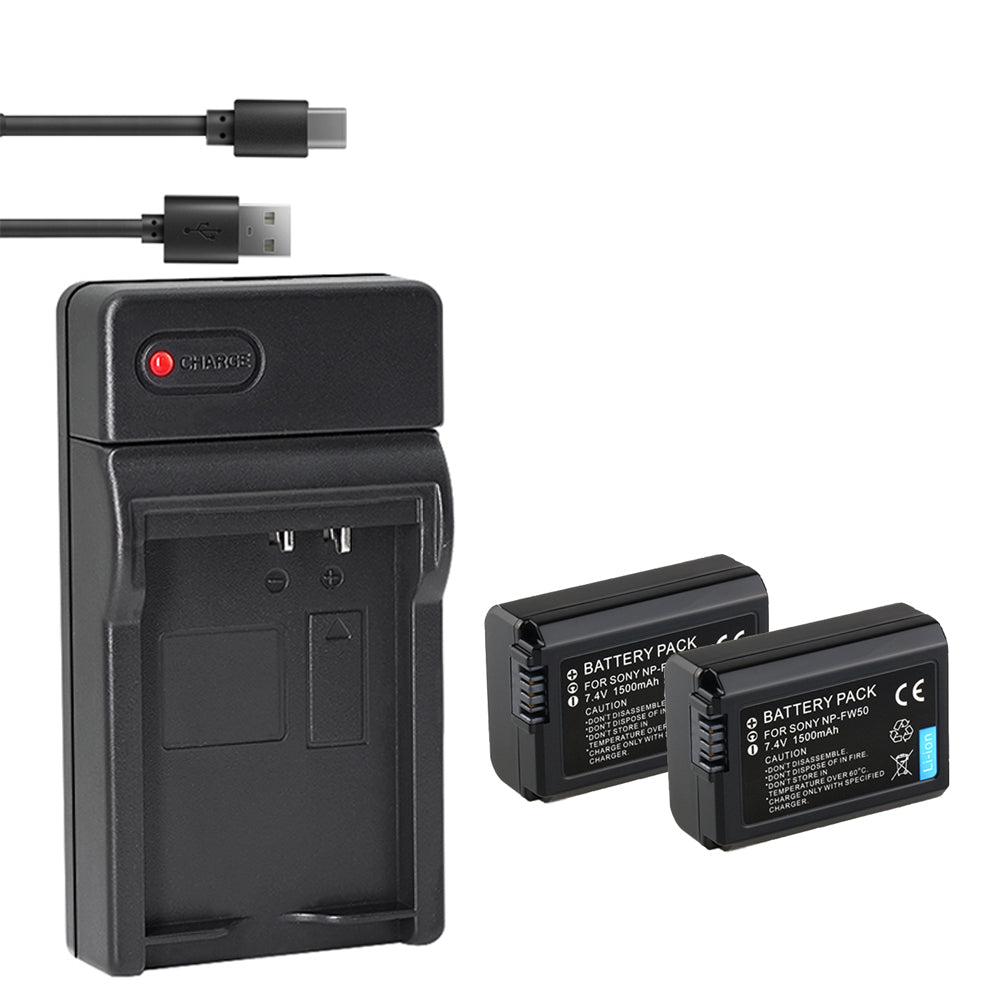 2 Pack Replacement Sony NP-FW50 Battery and Smart LCD Display USB Charger Compatible for Sony ZV-E10, Alpha A6500, A6300, A6000, A7s, A7, A7s Ii, A7s, A5100, A5000, A7r, A7 Ii Camera