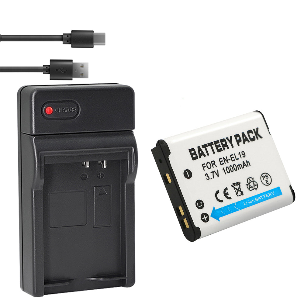 Battery + USB Charger for Nik EN-EL19 Coolpix A100 S100 S2750 S2800 S3300 S3400 S3500 S3600 S4200 S4300 S4400 S5200 S5300 S6400 S6500 S6600 S6700 S6800 S6900 S7000, Son NP-BJ1 DSC-RX0