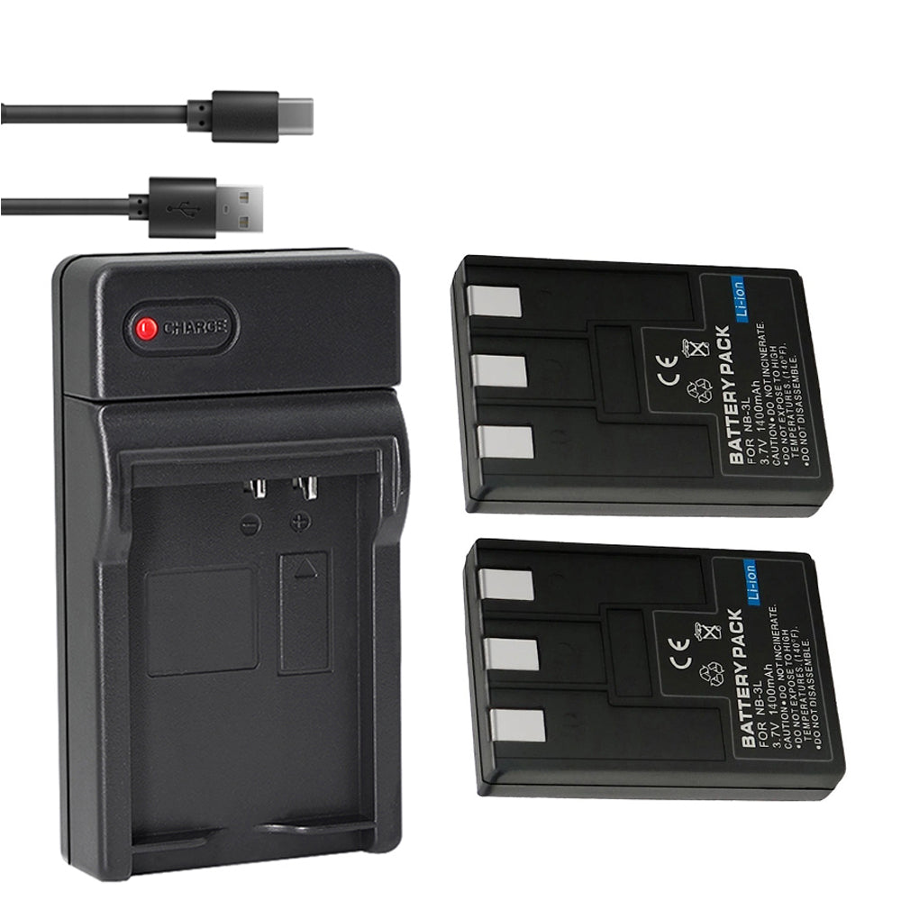 Battery (2-Pack) +Charger  for Canon NB-3L and PowerShot SD10, SD100, SD110, SD20, SD500, SD550, Digital IXUS 700, 750, I5, Digital 30, 30a, 600, 700, D30, D30a, D53Z, IXY Digital L, IXY Digital L2