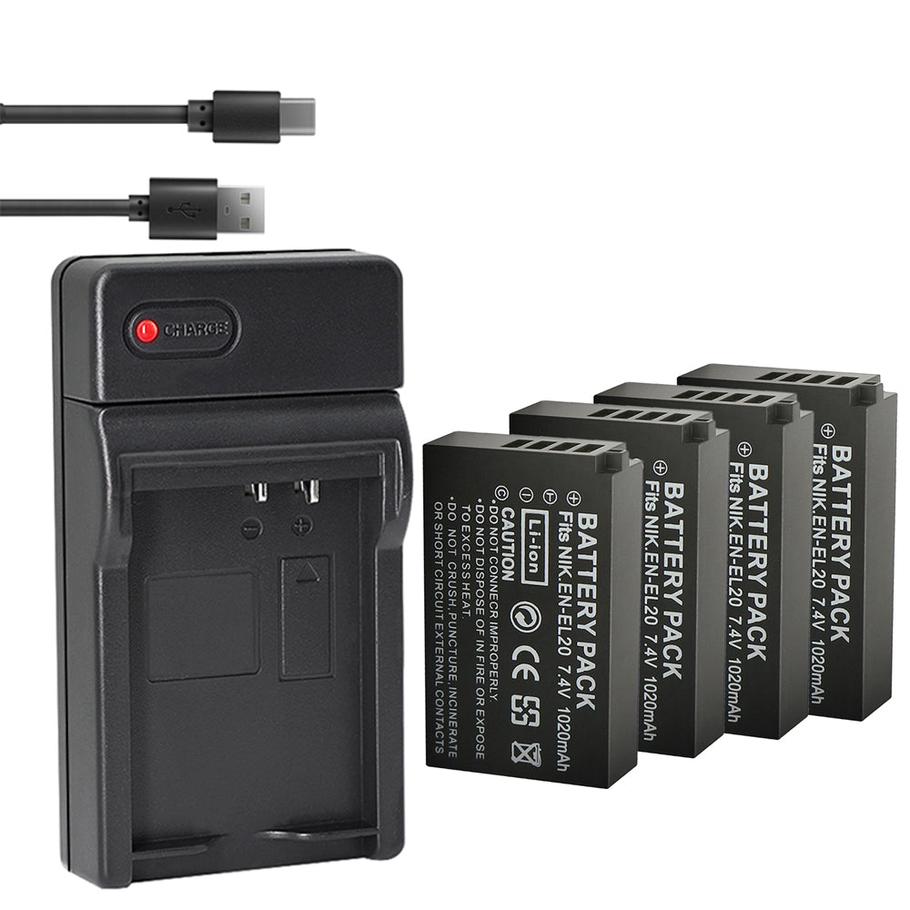 ENEL20, EN-EL20a Batteries and USB Battery Charger for Nikon Coolpix P950, P1000, DL24-500, Coolpix A, 1 AW1, 1 J1, 1 J2, 1 J3, 1 S1, 1 V3 Digital Camera