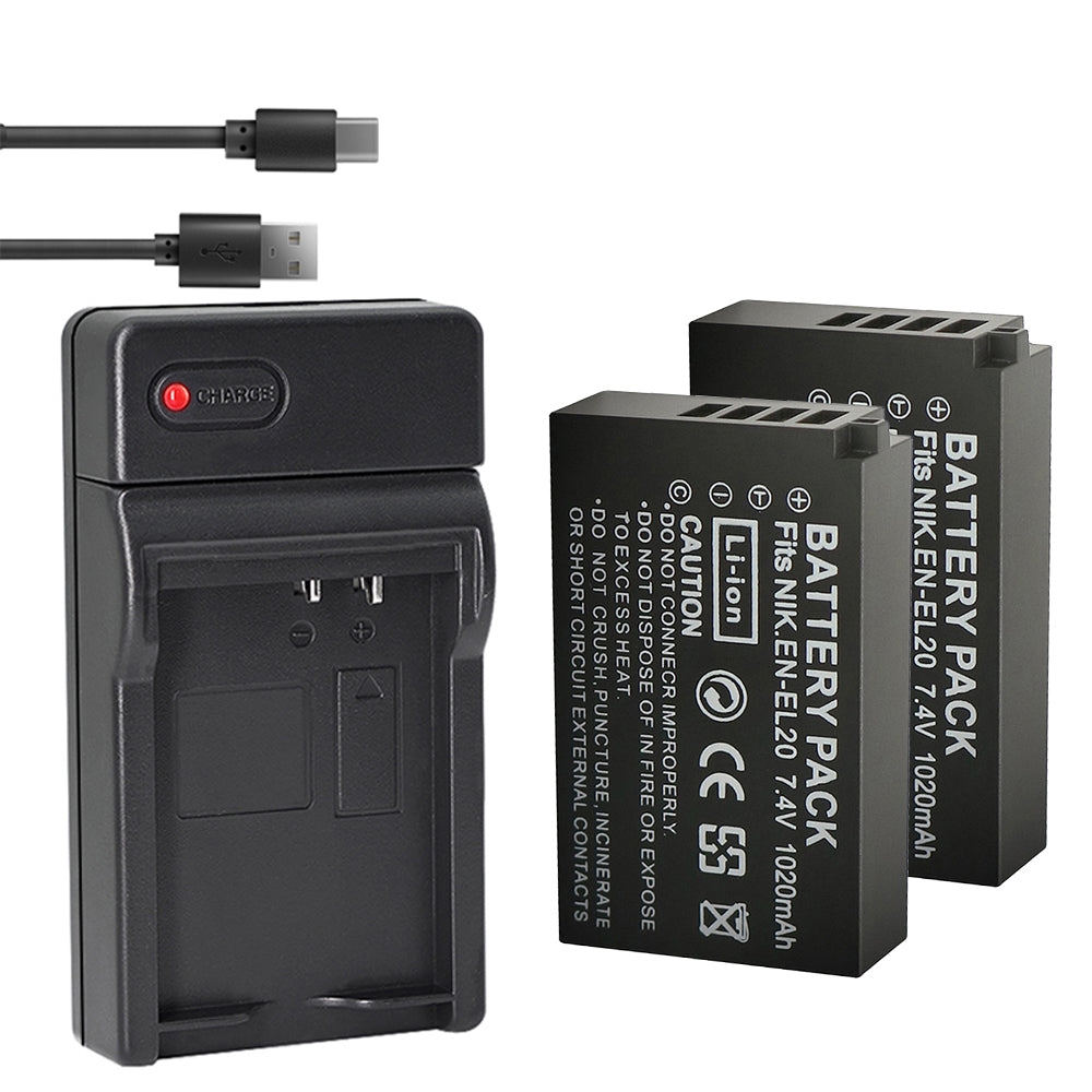ENEL20, EN-EL20a Batteries and USB Battery Charger for Nikon Coolpix P950, P1000, DL24-500, Coolpix A, 1 AW1, 1 J1, 1 J2, 1 J3, 1 S1, 1 V3 Digital Camera