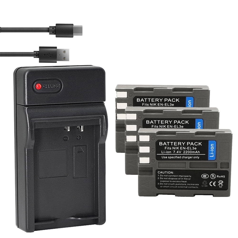 EN-EL3e Battery 2-Pack 2200mAh and USB Charger Compatible with Nikon D50, D70, D70s, D80, D90, D100, D200, D300, D300S, D700 Digital SLR Cameras