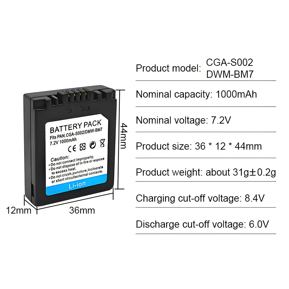 For Panasonic CGA-S002, CGA-S002A Battery DMW-BM7 DMC-FZ1, DMC-FZ2 1000mAh Camera Batteries