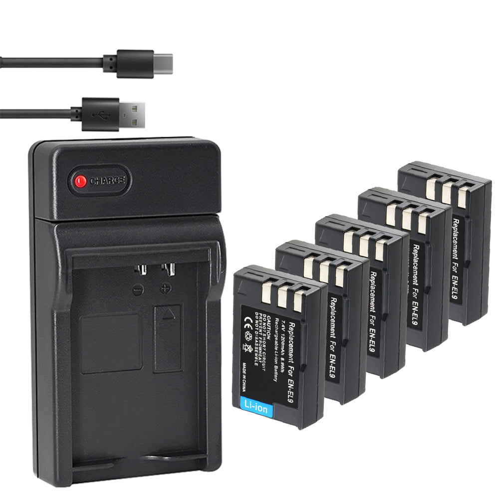 EN-EL9 EN EL9a Battery 2-Pack 2000mAh and USB Charger Compatible with Nikon D40, D40x, D60, D3000, D5000 Digital SLR Cameras