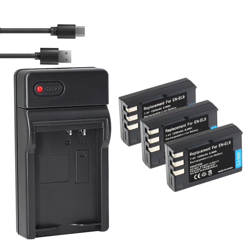 EN-EL9 EN EL9a Battery 2-Pack 2000mAh and USB Charger Compatible with Nikon D40, D40x, D60, D3000, D5000 Digital SLR Cameras