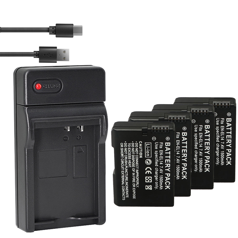 EN-EL14 / EN-EL14a Battery Packs and Rapid USB Charger for Nikon D3100 D3200 D3300 D3400 D3500 D5100 D5200 D5300 D5500 D5600 DF Coolpix P7000 P7100 P7700 P7800 Cameras