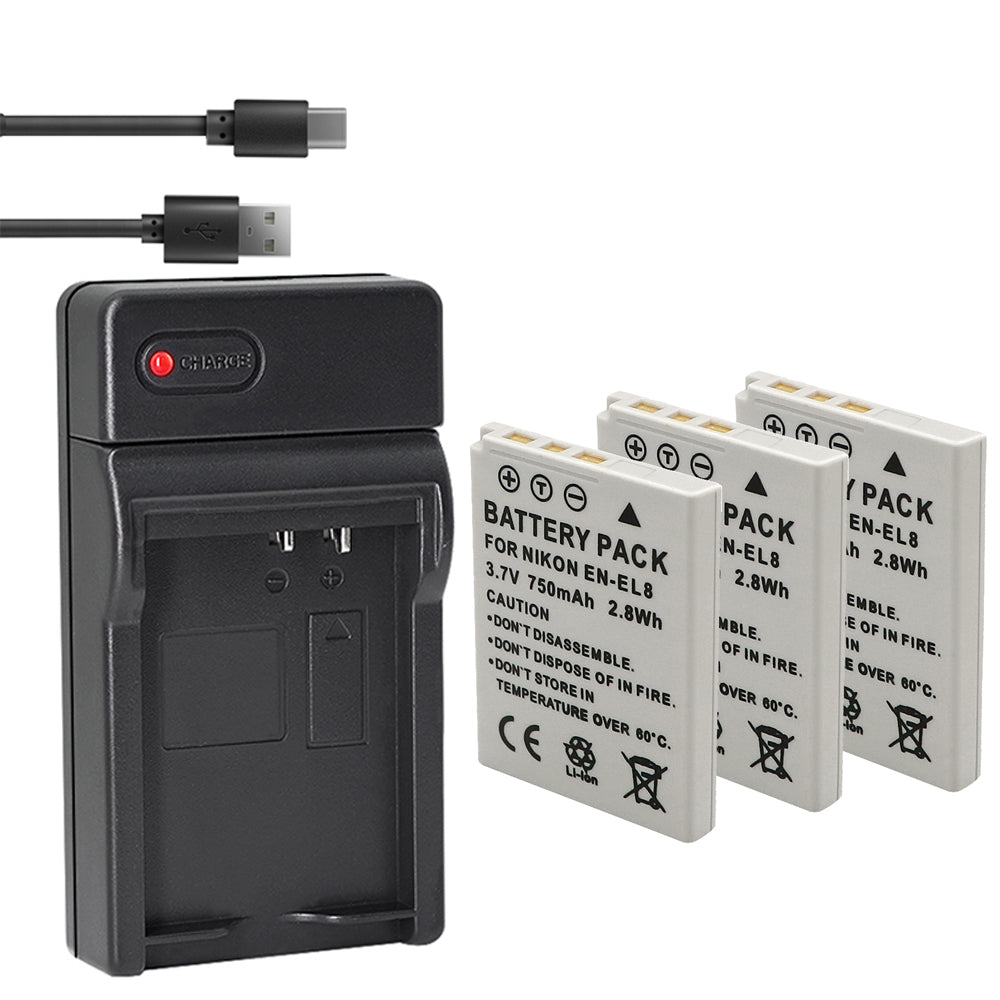 Battery X2 & Slim USB Charger for Nik EN-EL8 Coolpix P1 P2 Coolpix S1 S2 S3 S5 S6 Coolpix S7 S7c Coolpix S8 Coolpix S9 Coolpix S50 Coolpix S51 S51c Coolpix S52 S52c Cool-Station MV-11 MV-121